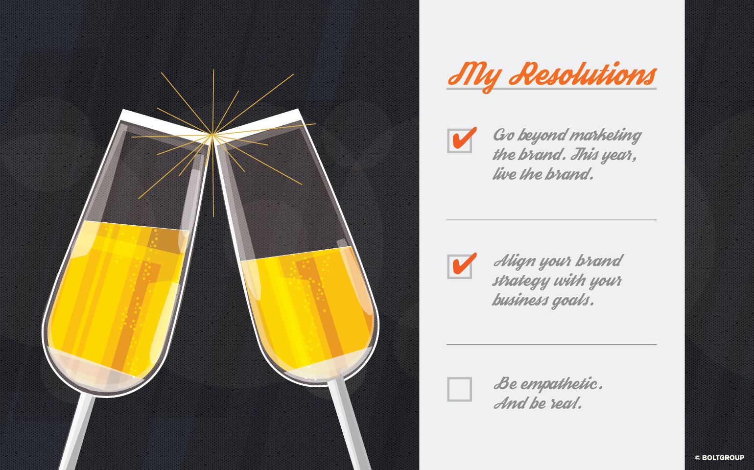illustration of toasting champagne glasses & resolution list