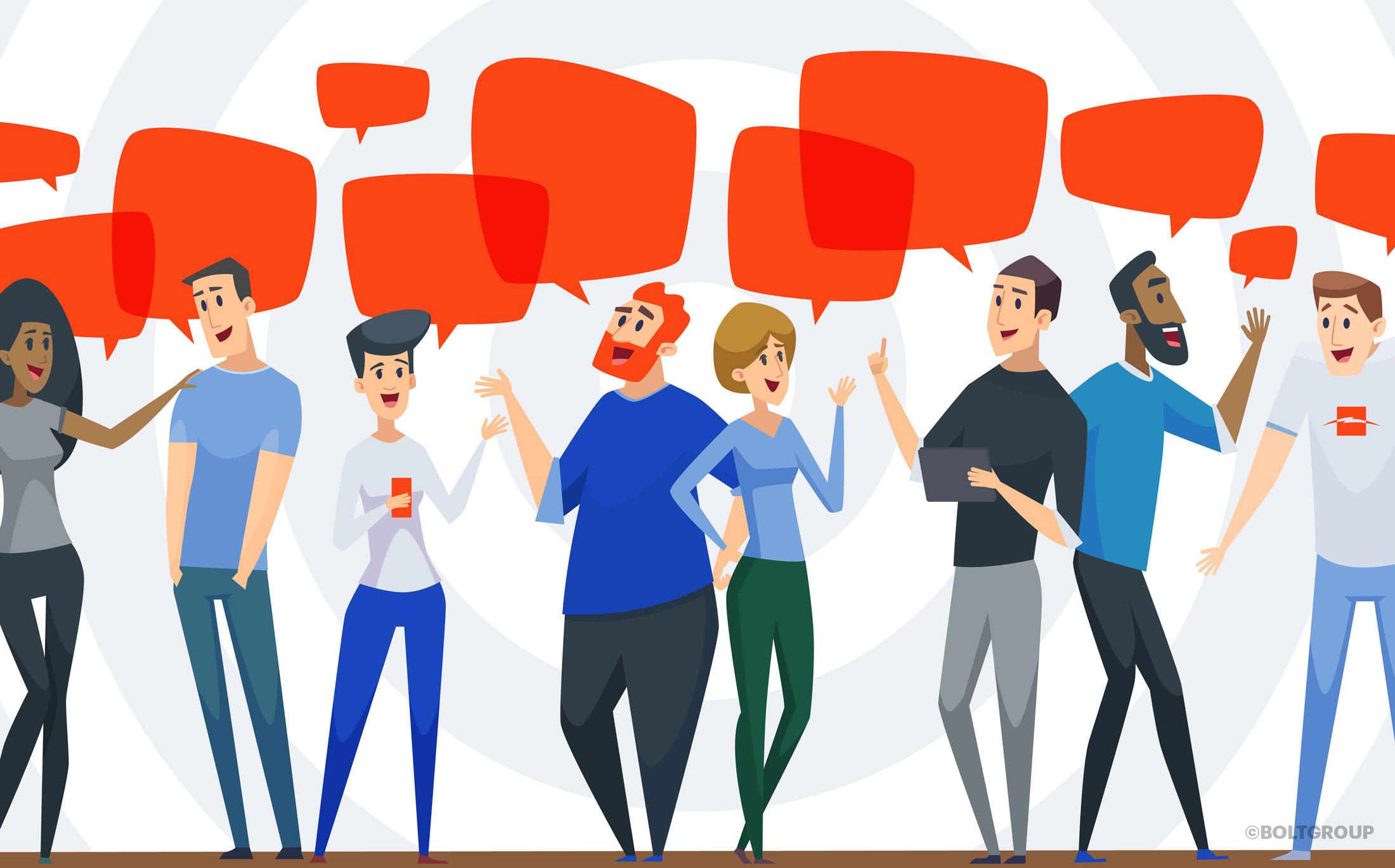 illustration of group of people with callout speech balloons