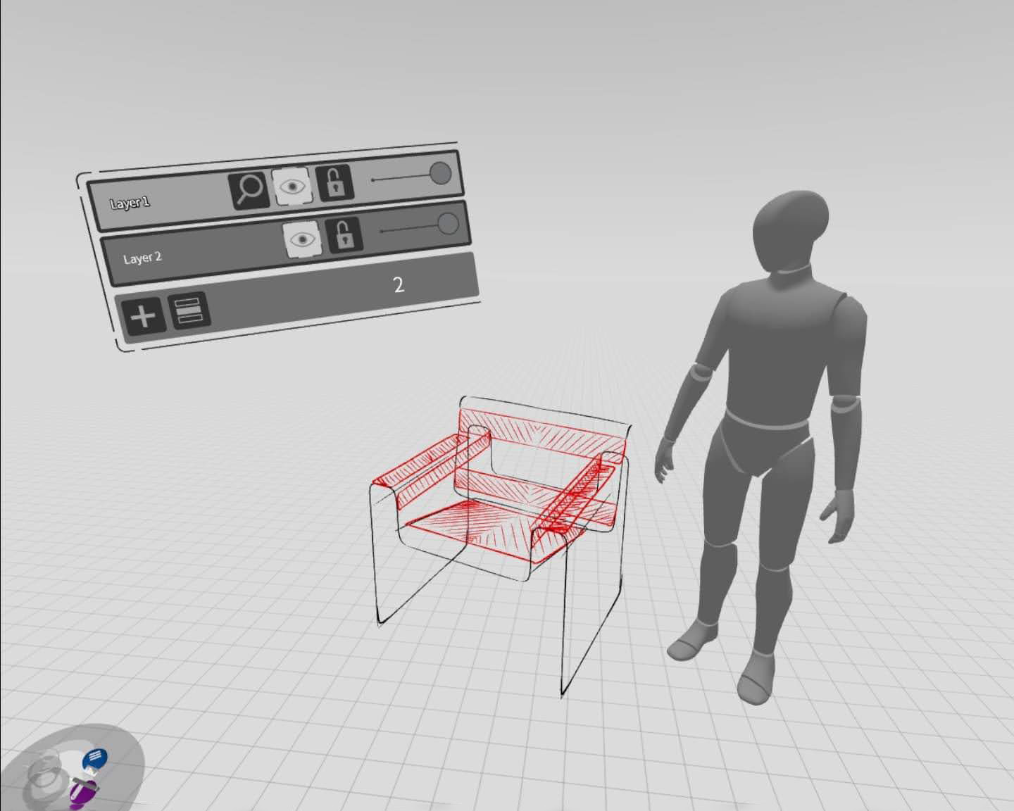 sketching a chair with a 3D human reference in the Gravity Sketch virtual reality environment