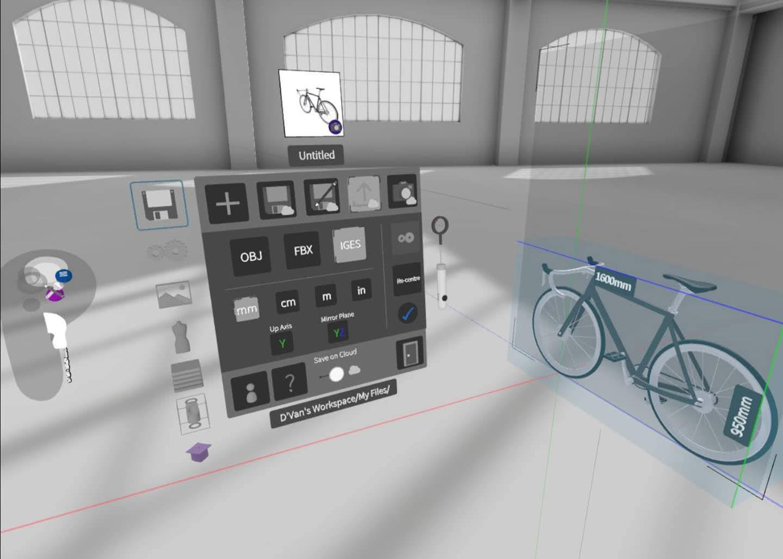 Bicycle shown in virtual reality environment with on screen control menu