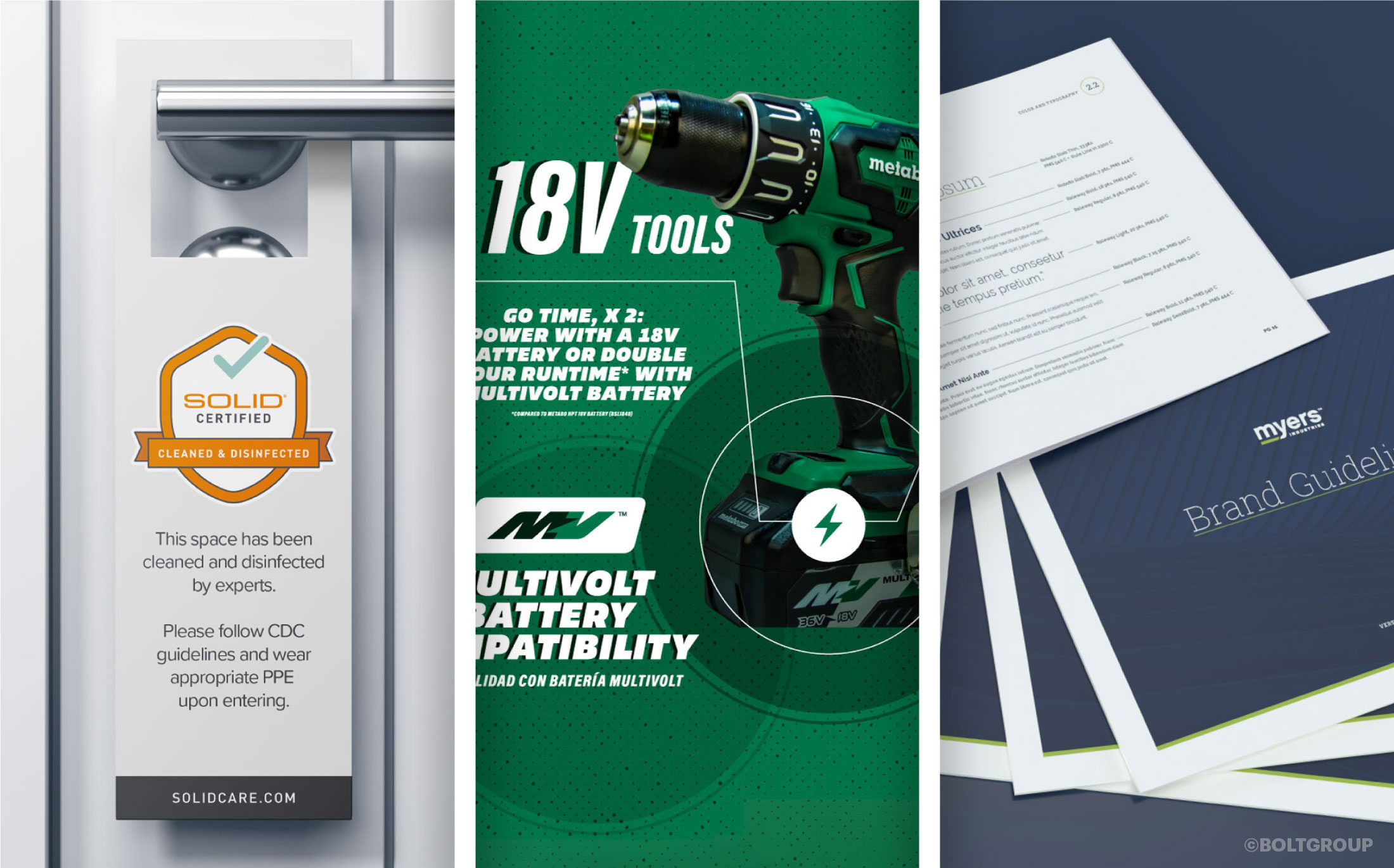 Solid Surface Care Door Hanger, Metabo Multivolt header, Myers brand guidelines