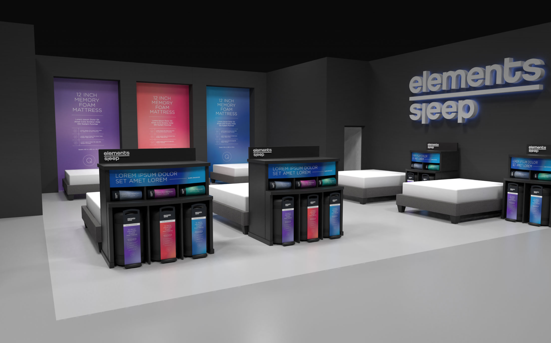 mattress and pillow showroom concept rendering