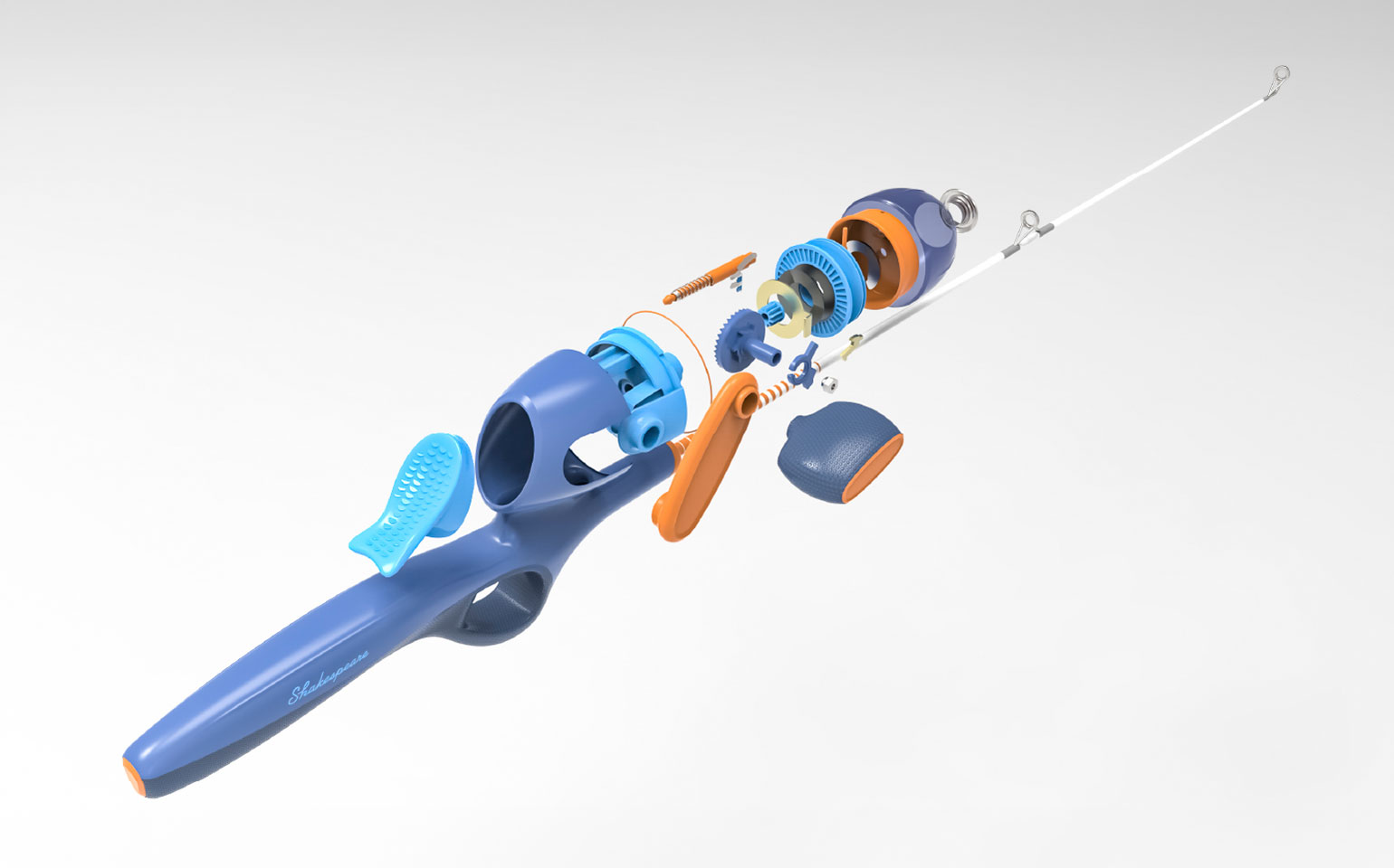 3D rendering of an exploded view of parts of a child's fishing rod