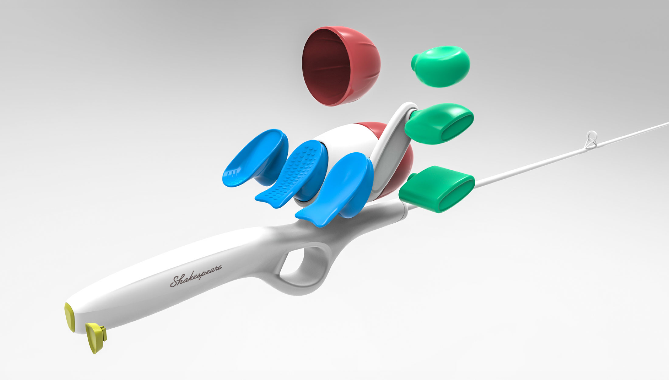 rendering of children's fishing rod showing grip and handle options