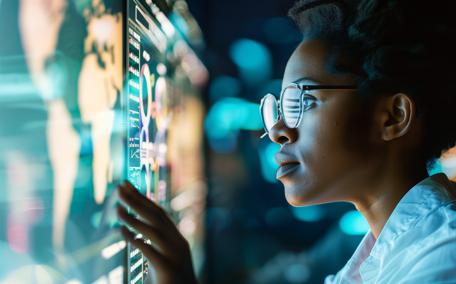 Woman touching a computer screen with graphics on it