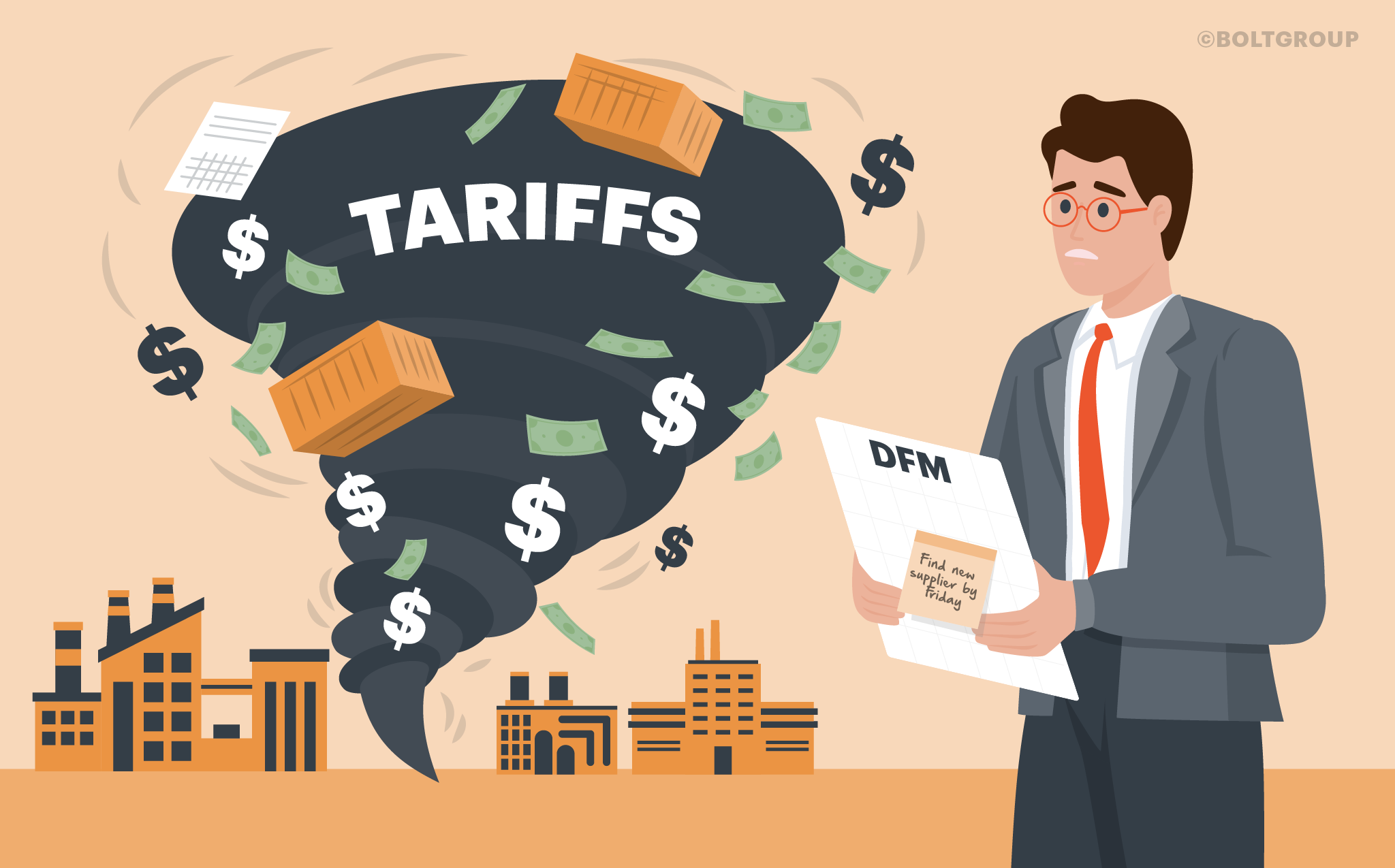 illustration of a man holding a paper with tornado of tariffs beside him