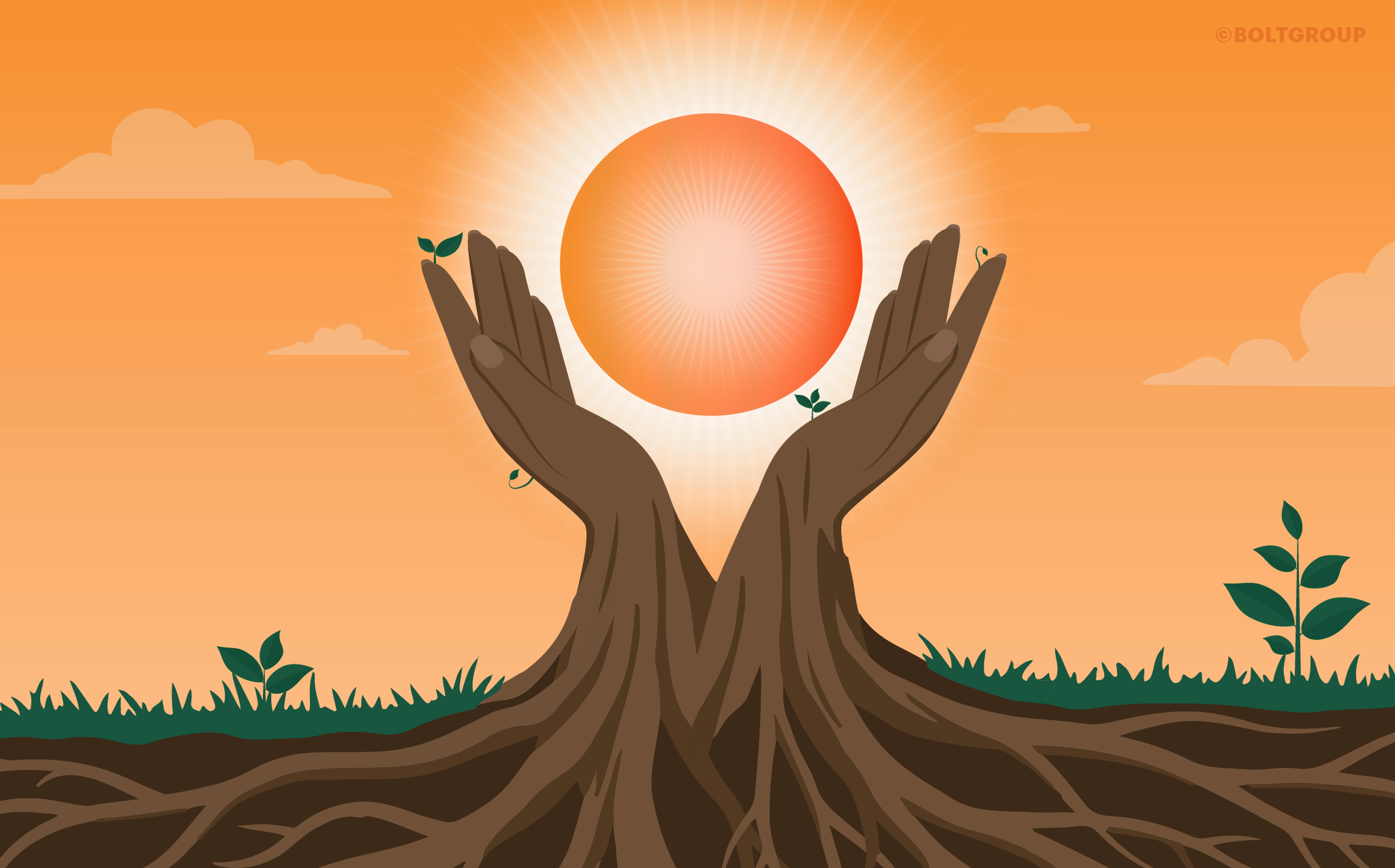 illustration of 2 hands rooted in the ground reaching up to the sun