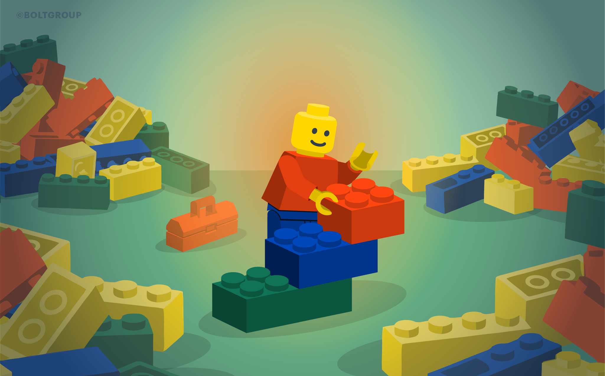 LEGO minifigure building with LEGO bricks