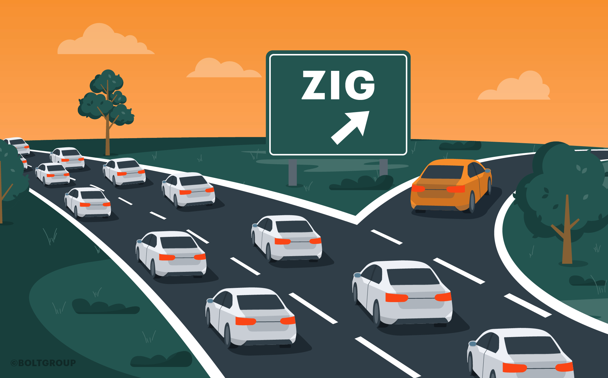 illustration of cars going in one direction with one car leaving the pack following a sign to Zig