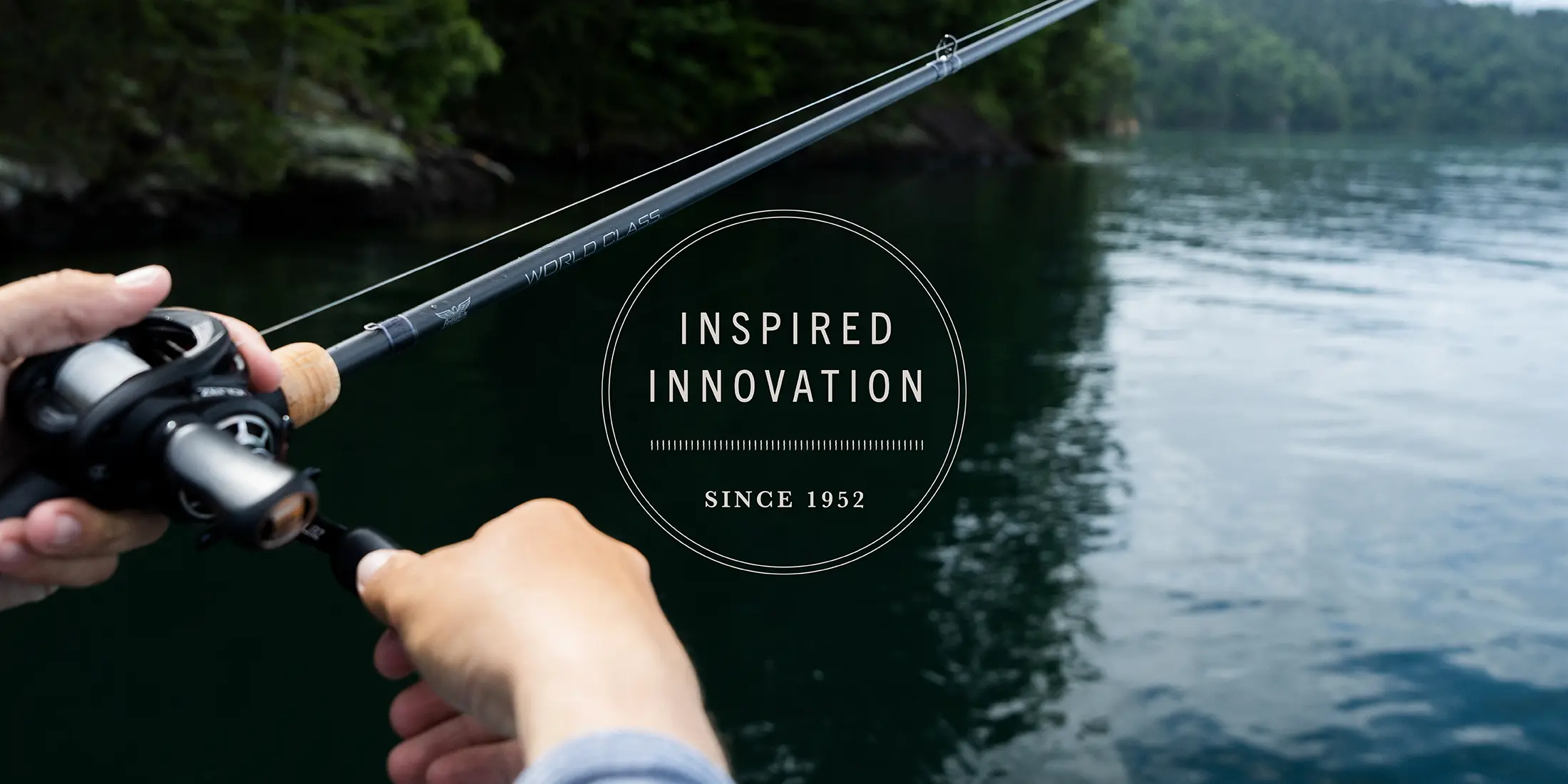 Image of a fisherman holding rod and reel with a graphic overlay that says Inspired Innovation