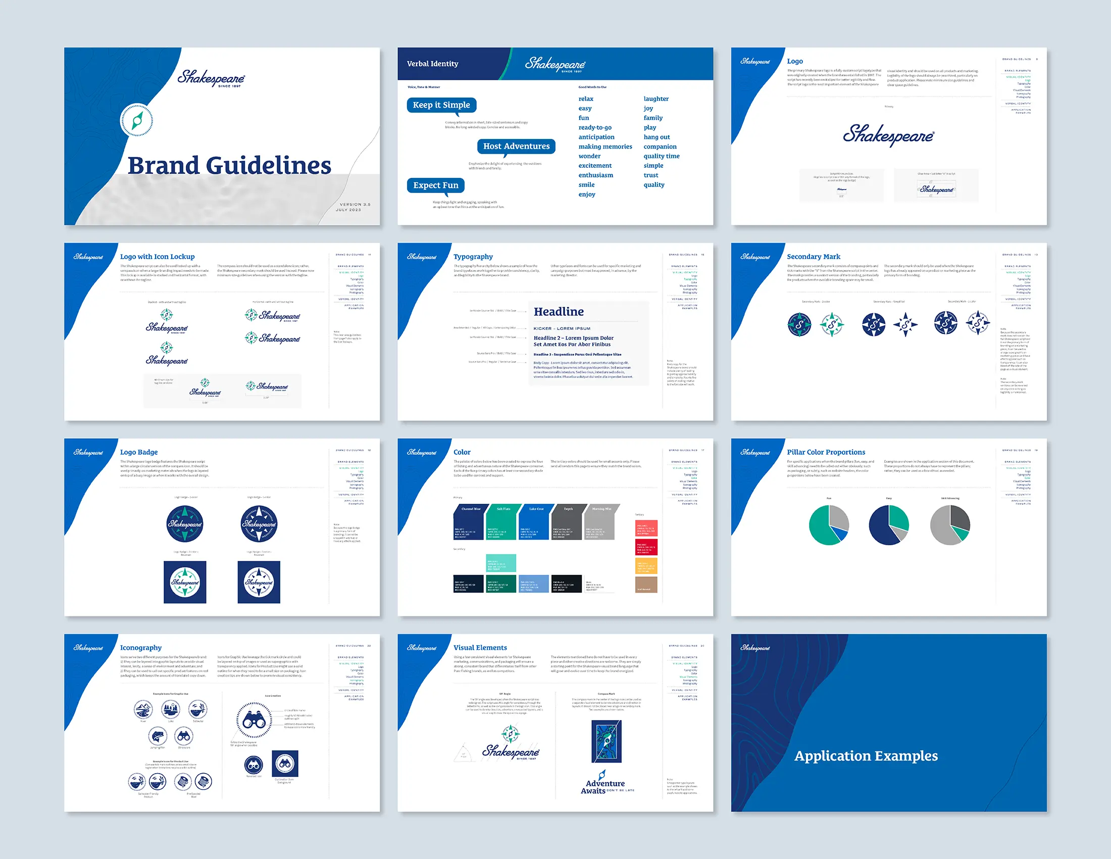 Collage showing multiple representative pages from the new Shakespeare Brand Guidelines document