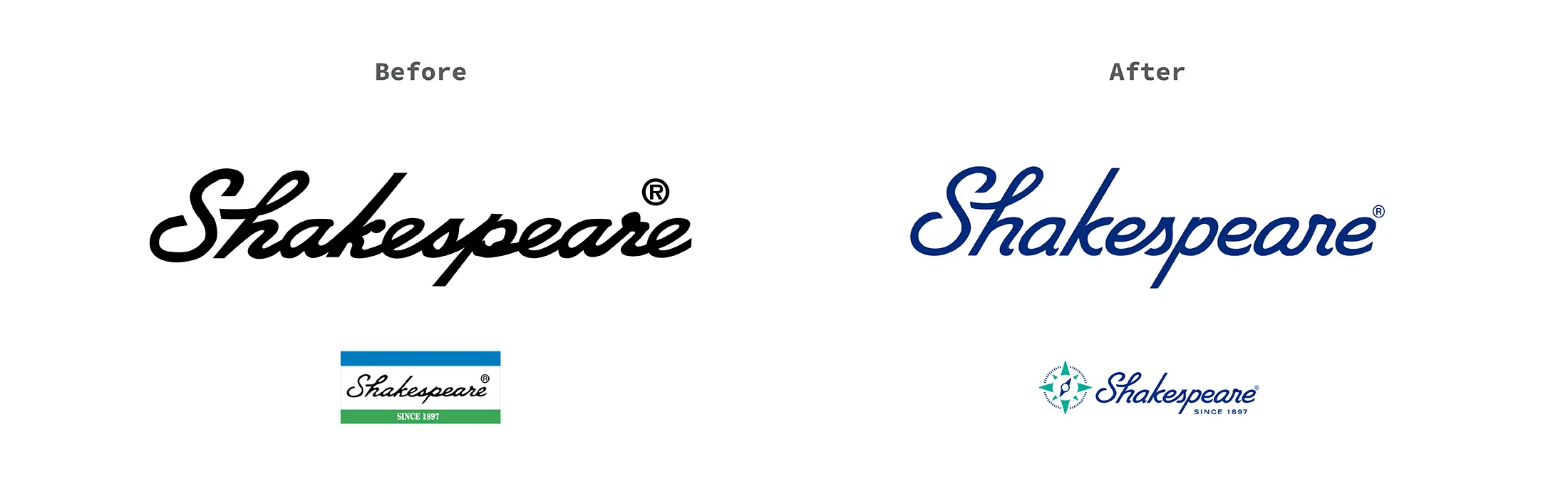 Side by side comparison of the old Shakespeare brand logo versus the new updated version