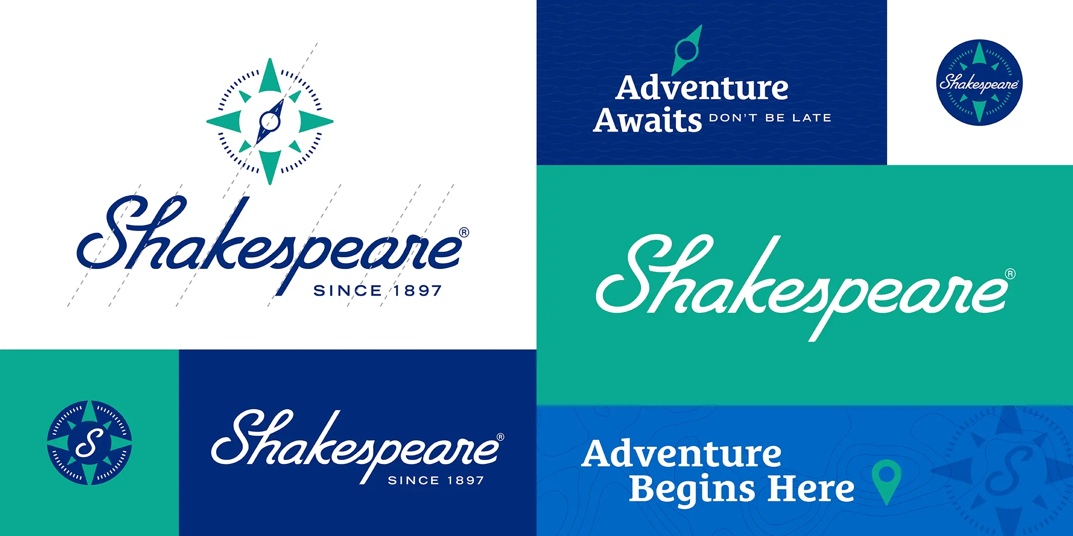 A graphic that shows different uses of the logo components for the new Shakespeare brand
