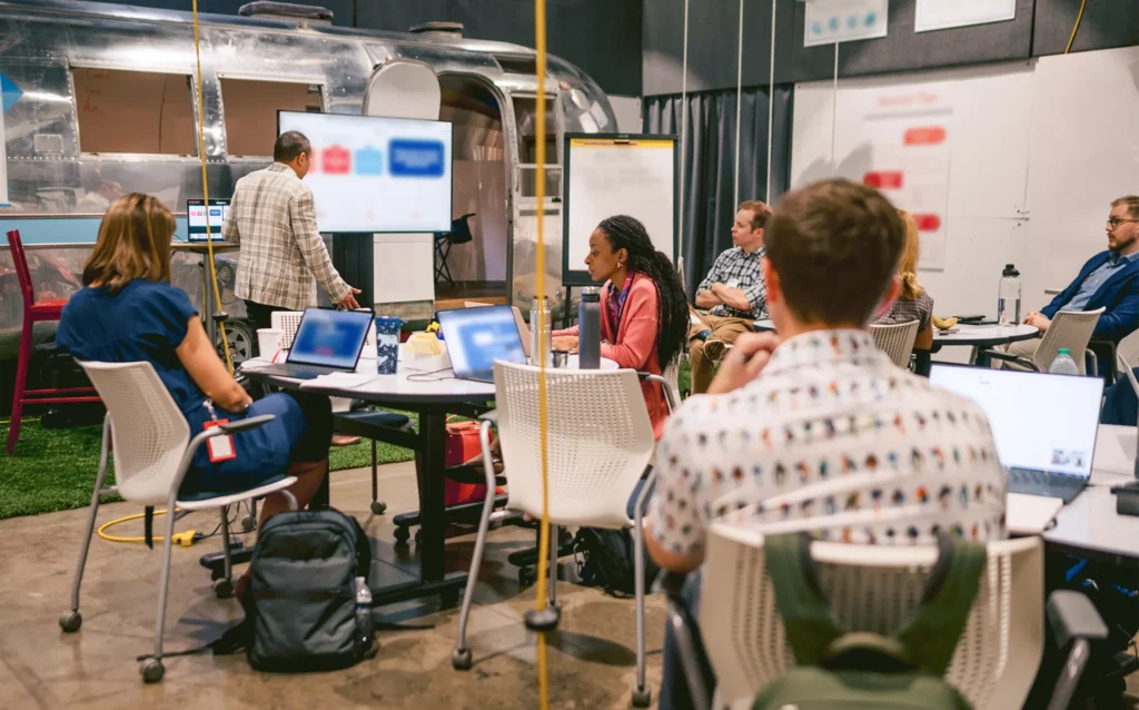 team of people brainstorming in a creative space