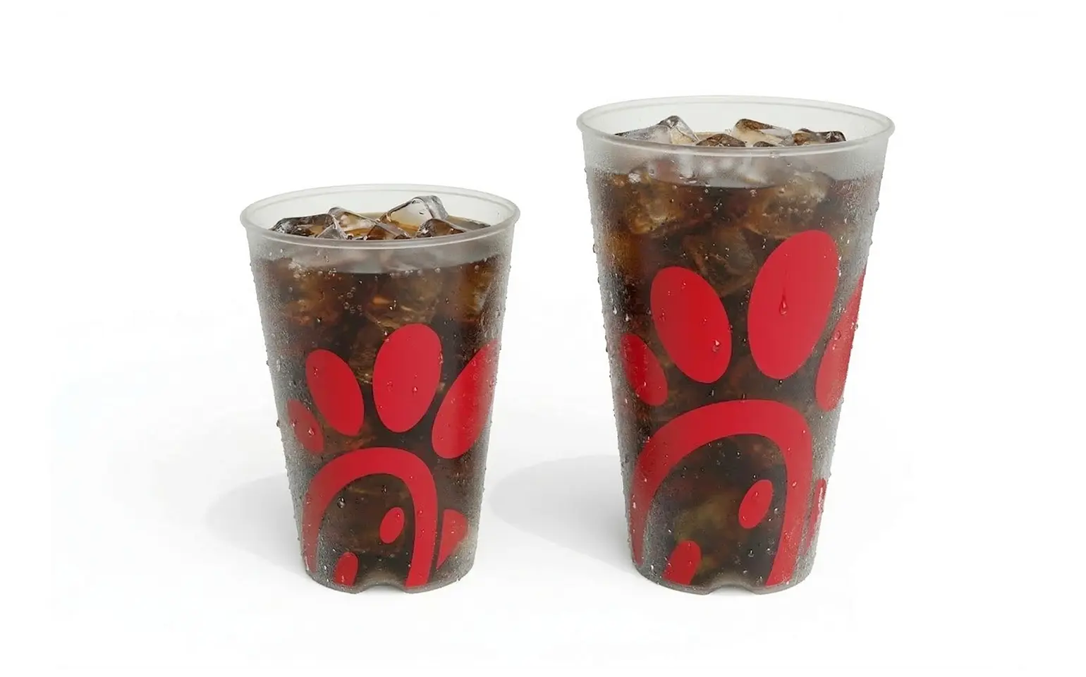 rendering of 2 sizes of clear Chick-fil-A reusable cups filled with ice and drink